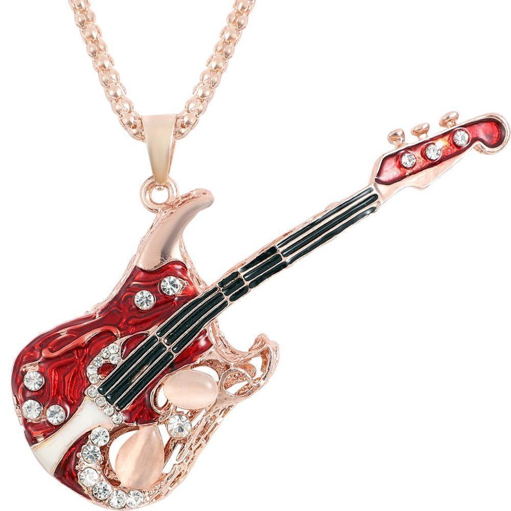 Simulated Pearl, White Austrian Crystal, Enameled Guitar Pendant Necklace 28 in
